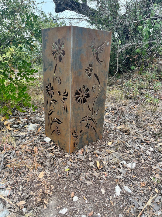Hummingbird Garden Column, Well Cover, Metal Yard Art, Outdoor Lantern